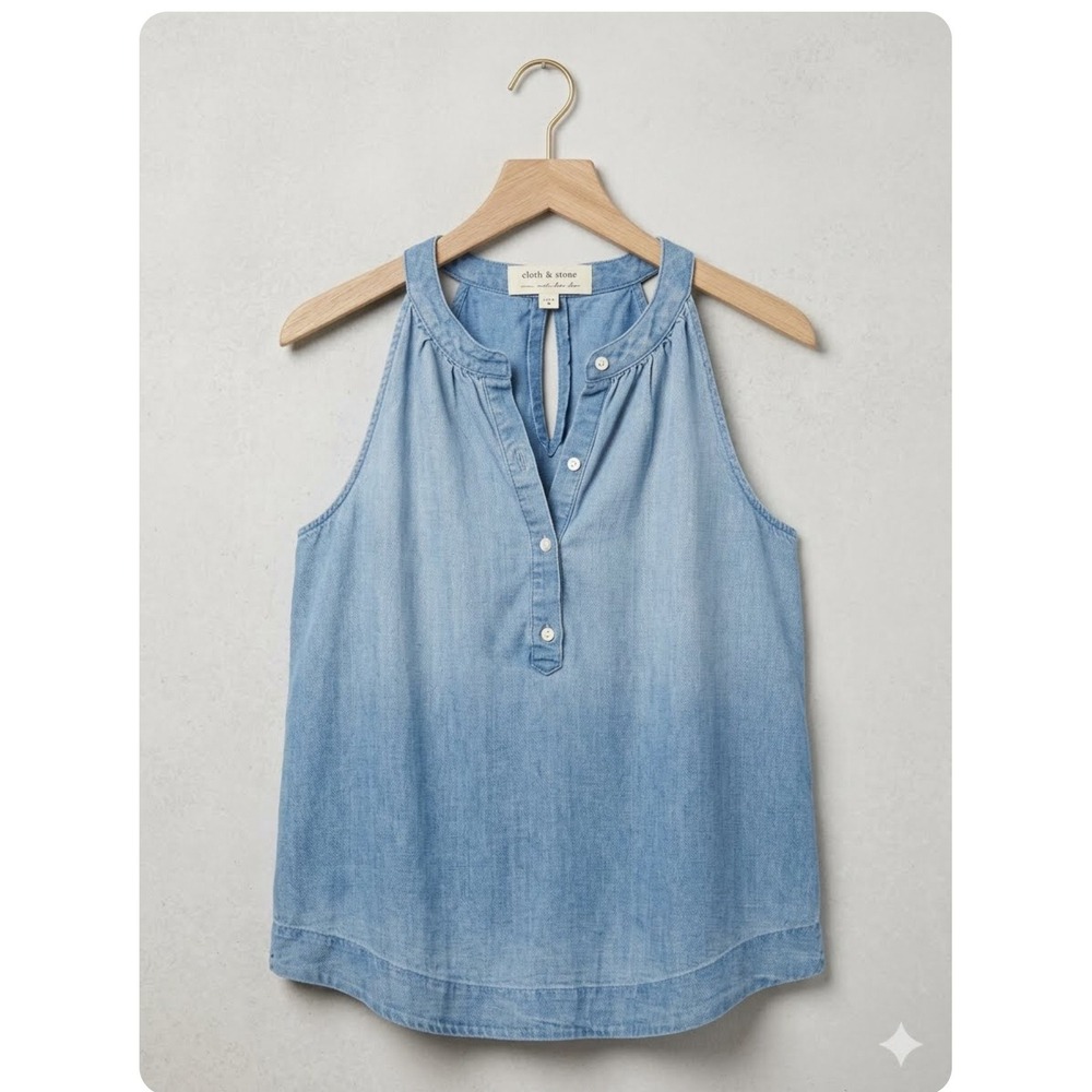 Cloth & Stone Anthropologie Womens XL Blue Chambray Henley Tank Top Racerback